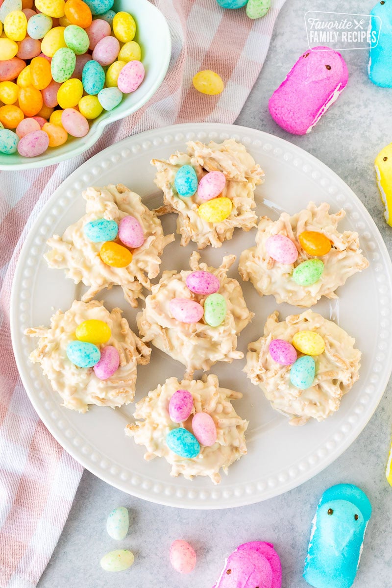 White Chocolate Bird Nests on a plate with jellybeans and peeps.